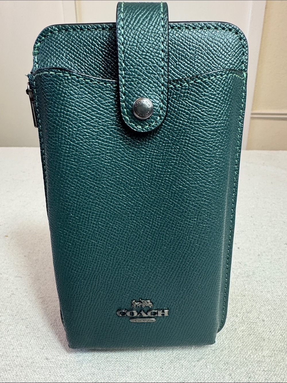 Coach Teal Pebbled Leather Crossbody Phone Pouch with Chain Strap